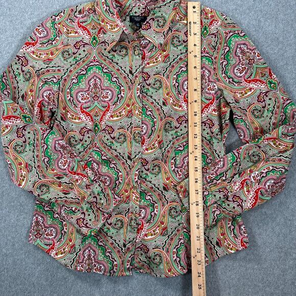 Talbots Colorful Paisley Button Down Shirt Women's 14 Petite Stretch Green Pink - Picture 6 of 9